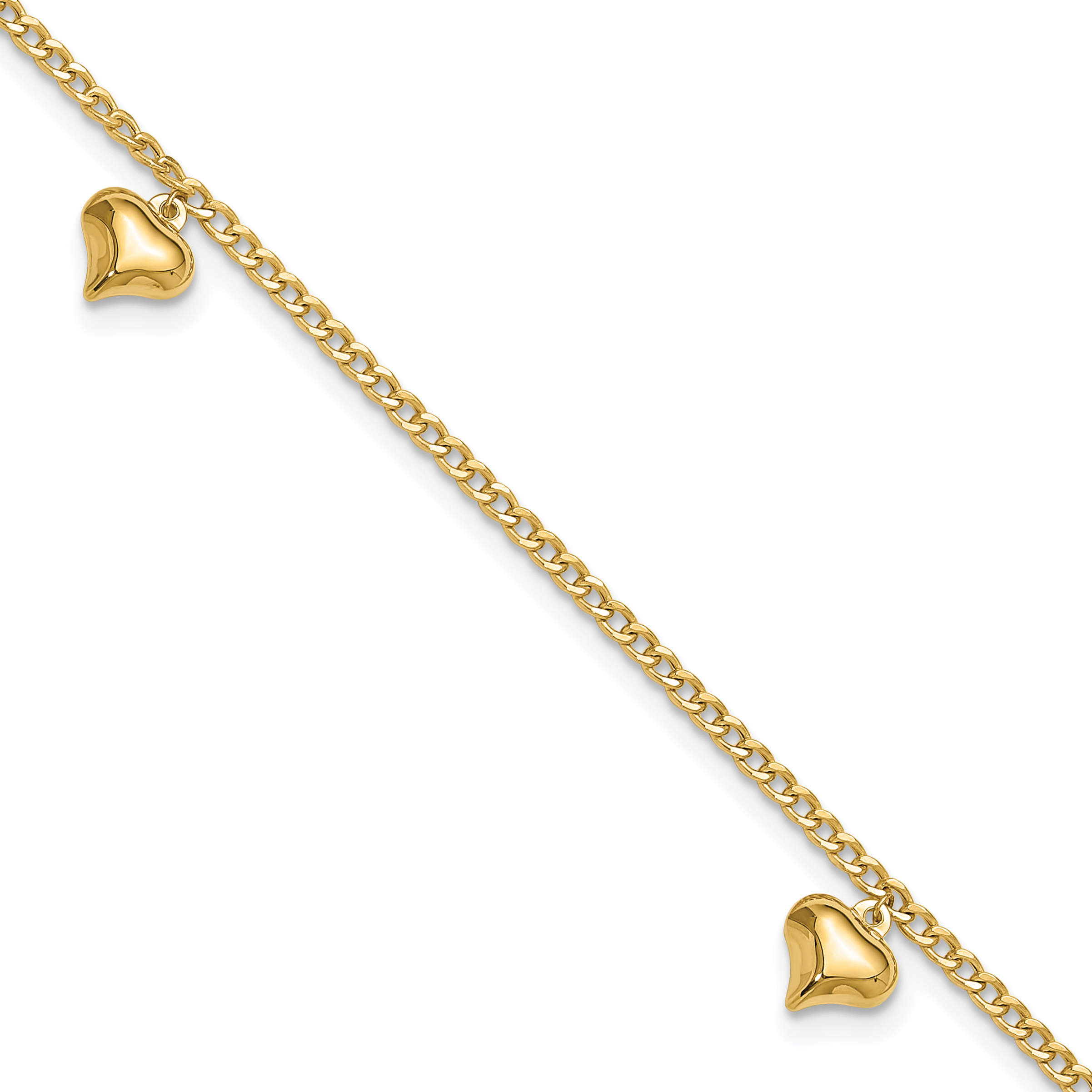 14K Polished Curb Link Chain with 3 Puffed Heart Dangles 9 inch Anklet Plus 1 inch Extender (ANK308-9)