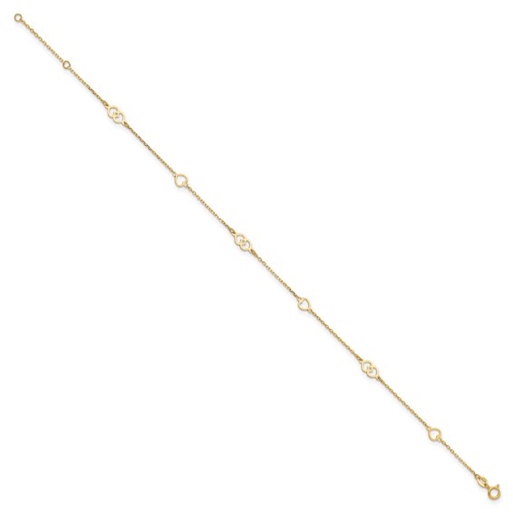 14K Polished Heart Links and Chain 9 inch Plus 1 inch Extender - Total 10 inch Anklet