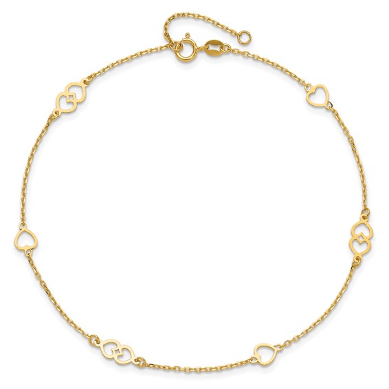 14K Polished Heart Links and Chain 9 inch Plus 1 inch Extender - Total 10 inch Anklet