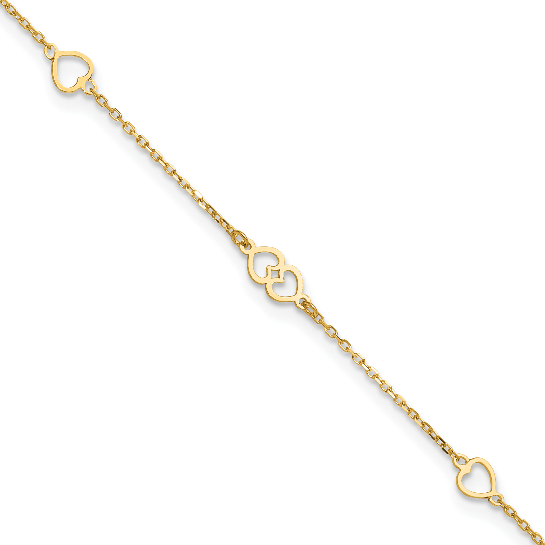 14K Polished Heart Links and Chain 9 inch Anklet Plus 1 inch Extender (ANK312-9)