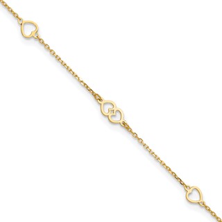 14K Polished Heart Links and Chain 9 inch Plus 1 inch Extender - Total 10 inch Anklet