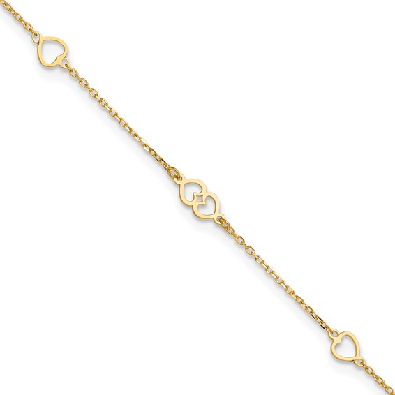 14K Polished Heart Links and Chain 9 inch Plus 1 inch Extender - Total 10 inch Anklet