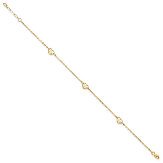 14K Polished Heart-in-Heart Links 3-Station 9 inch Plus 1 inch Extender - Total 10 inch Anklet