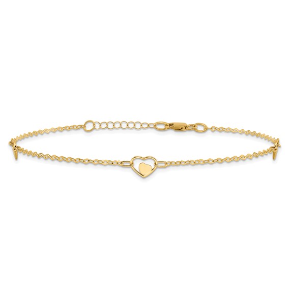 14K Polished Heart-in-Heart Links 3-Station 9 inch Plus 1 inch Extender - Total 10 inch Anklet