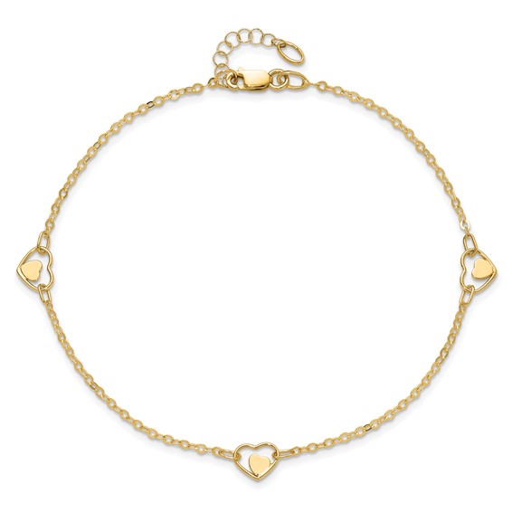 14K Polished Heart-in-Heart Links 3-Station 9 inch Plus 1 inch Extender - Total 10 inch Anklet