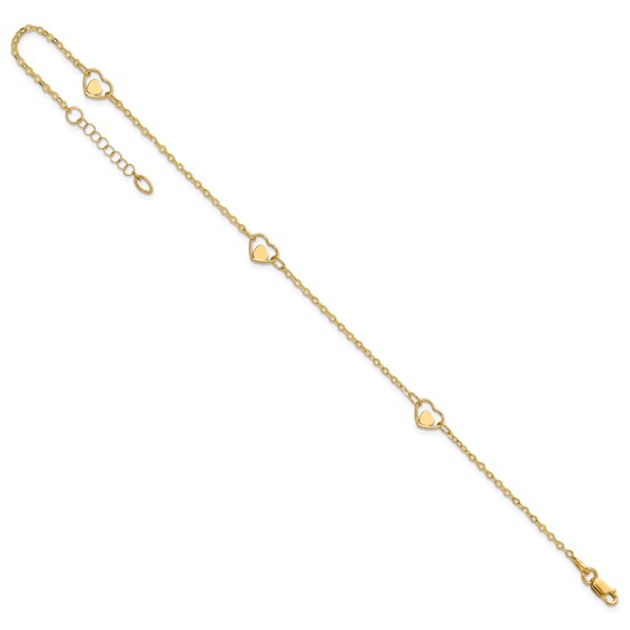 14K Polished Heart-in-Heart Links 3-Station 9 inch Plus 1 inch Extender - Total 10 inch Anklet