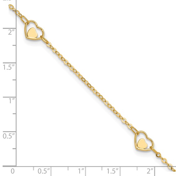 14K Polished Heart-in-Heart Links 3-Station 9 inch Plus 1 inch Extender - Total 10 inch Anklet
