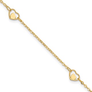 14K Polished Heart-in-Heart Links 3-Station 9 inch Plus 1 inch Extender - Total 10 inch Anklet