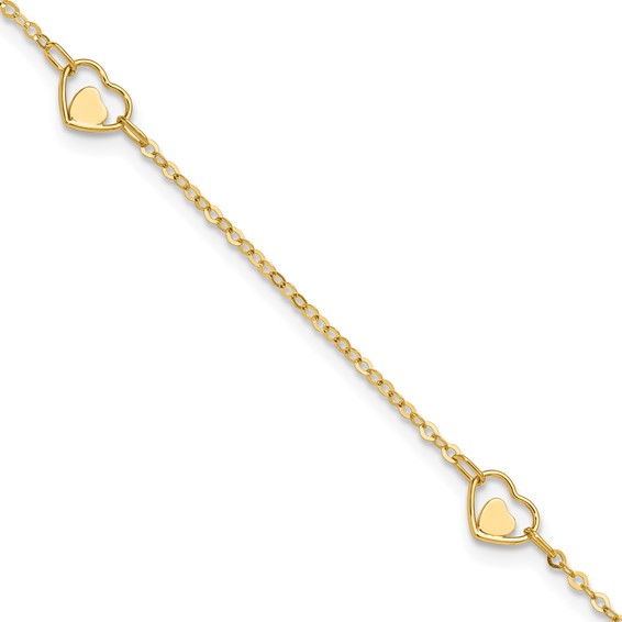 14K Polished Heart-in-Heart Links 3-Station 9 inch Plus 1 inch Extender - Total 10 inch Anklet