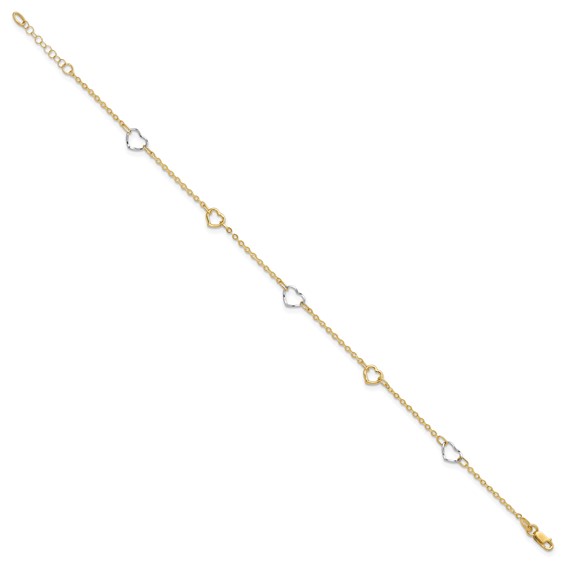 14K Two-tone Polished Open Hearts 5-Station 9 inch Plus 1 inch Extender - Total 10 inch Anklet