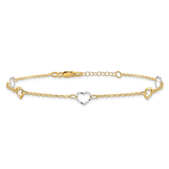 14K Two-tone Polished Open Hearts 5-Station 9 inch Plus 1 inch Extender - Total 10 inch Anklet