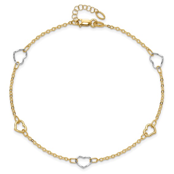 14K Two-tone Polished Open Hearts 5-Station 9 inch Plus 1 inch Extender - Total 10 inch Anklet