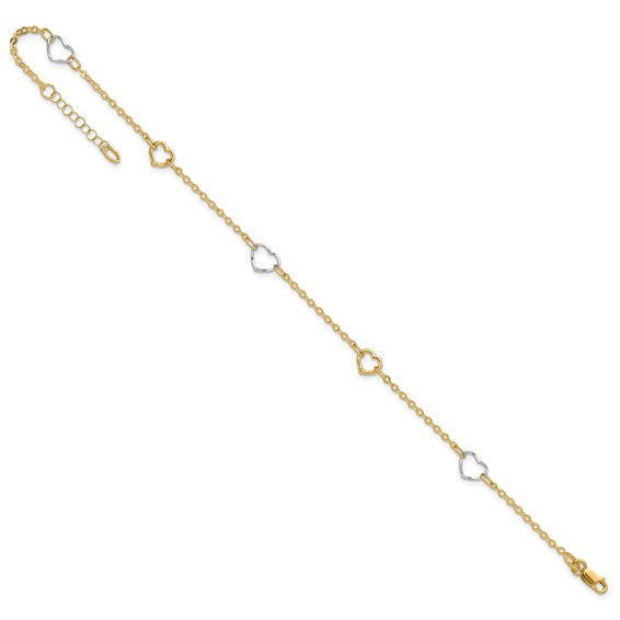 14K Two-tone Polished Open Hearts 5-Station 9 inch Plus 1 inch Extender - Total 10 inch Anklet