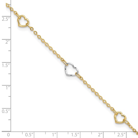 14K Two-tone Polished Open Hearts 5-Station 9 inch Plus 1 inch Extender - Total 10 inch Anklet