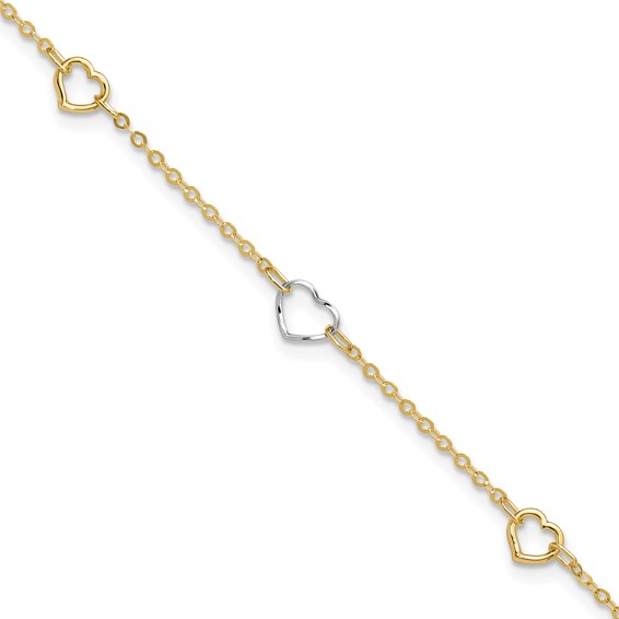 14K Two-tone Polished Open Hearts 5-Station 9 inch Plus 1 inch Extender - Total 10 inch Anklet