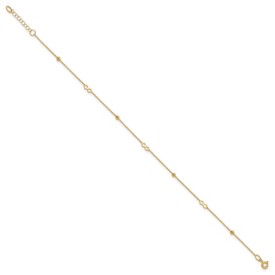 14K Polished Infinity and Beads 9 inch Plus 1 inch Extender - Total 10 inch Anklet