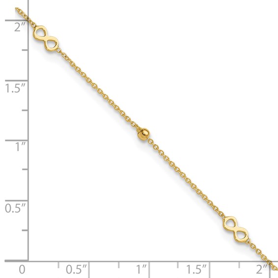 14K Polished Infinity and Beads 9 inch Plus 1 inch Extender - Total 10 inch Anklet