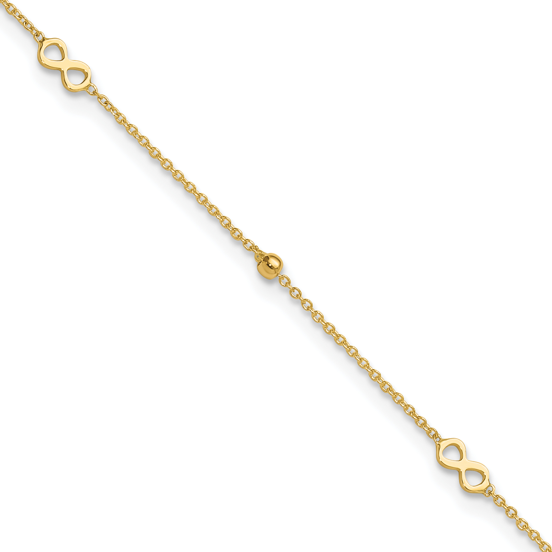 14K Polished Infinity and Beads 9 inch Anklet Plus 1 inch Extender (ANK315-9)