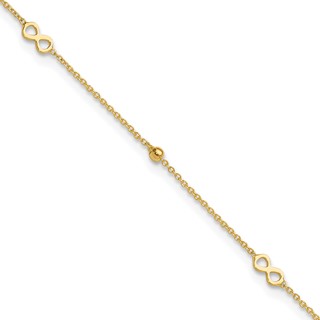 14K Polished Infinity and Beads 9 inch Plus 1 inch Extender - Total 10 inch Anklet