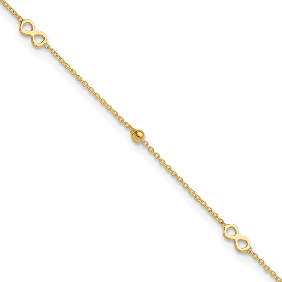 14K Polished Infinity and Beads 9 inch Plus 1 inch Extender - Total 10 inch Anklet