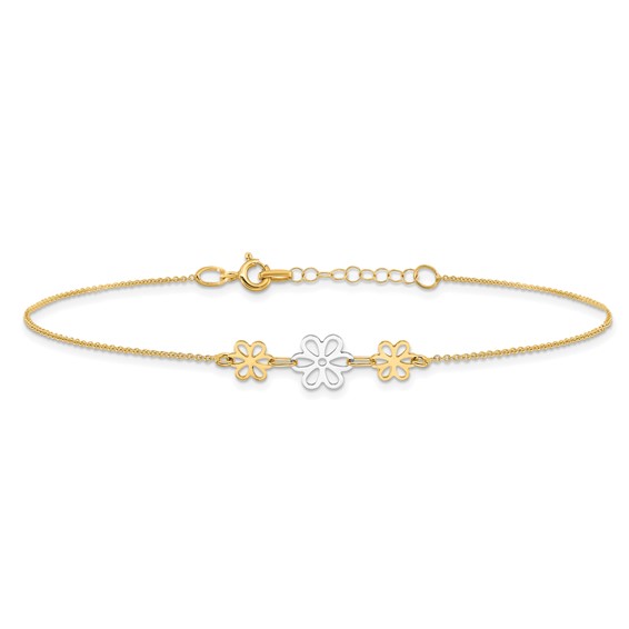 14K Two-tone Polished Three Cut-out Flowers 9 inch Plus 1 inch Extender - Total 10 inch Anklet