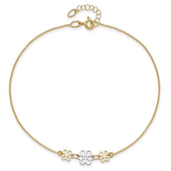14K Two-tone Polished Three Cut-out Flowers 9 inch Plus 1 inch Extender - Total 10 inch Anklet