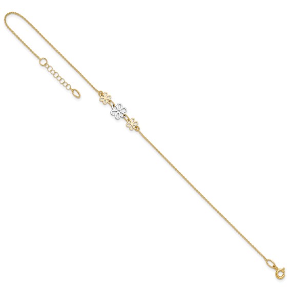 14K Two-tone Polished Three Cut-out Flowers 9 inch Plus 1 inch Extender - Total 10 inch Anklet