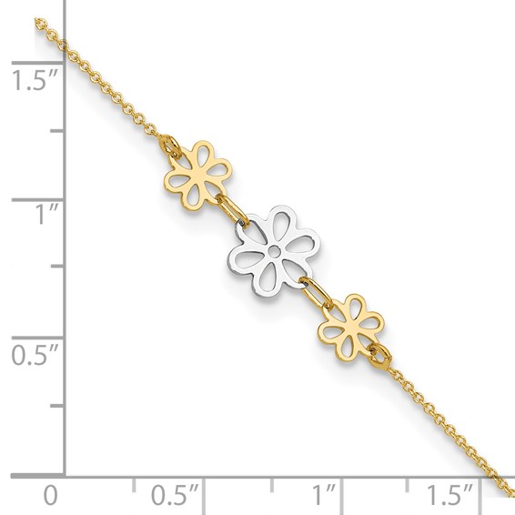 14K Two-tone Polished Three Cut-out Flowers 9 inch Plus 1 inch Extender - Total 10 inch Anklet