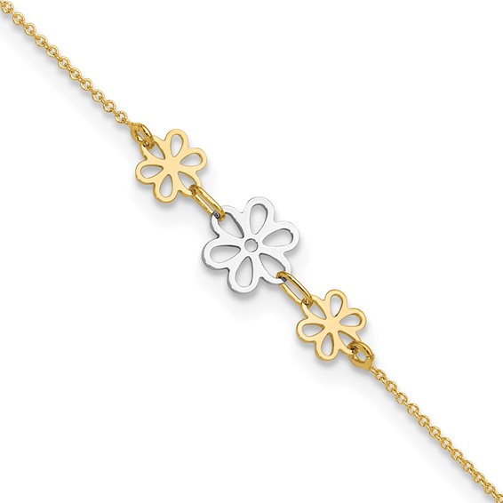 14K Two-tone Polished Three Cut-out Flowers 9 inch Plus 1 inch Extender - Total 10 inch Anklet