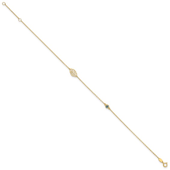 14k Leaf and Glass Eye Bead 9 inch Plus 1 inch Extender - Total 10 inch Anklet