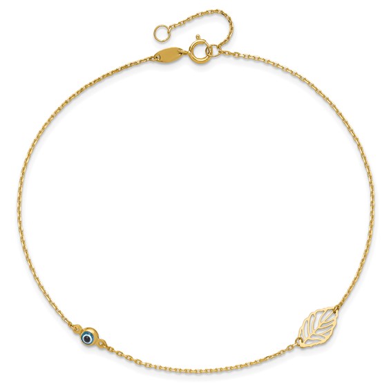 14k Leaf and Glass Eye Bead 9 inch Plus 1 inch Extender - Total 10 inch Anklet