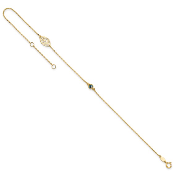14k Leaf and Glass Eye Bead 9 inch Plus 1 inch Extender - Total 10 inch Anklet