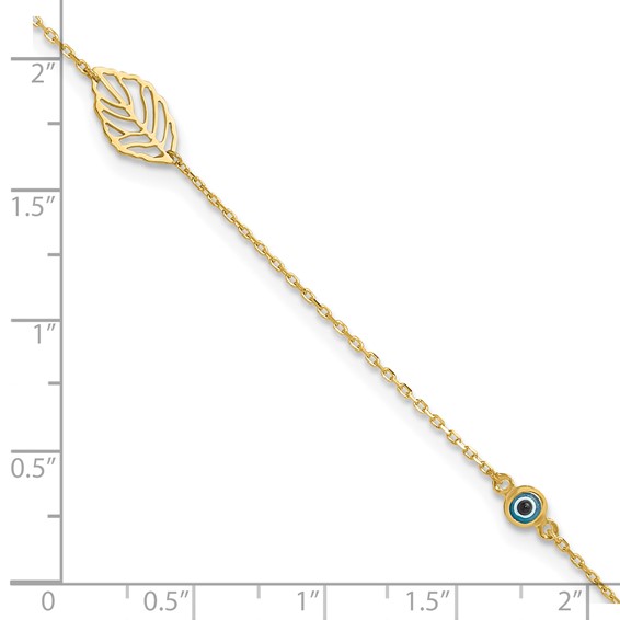 14k Leaf and Glass Eye Bead 9 inch Plus 1 inch Extender - Total 10 inch Anklet