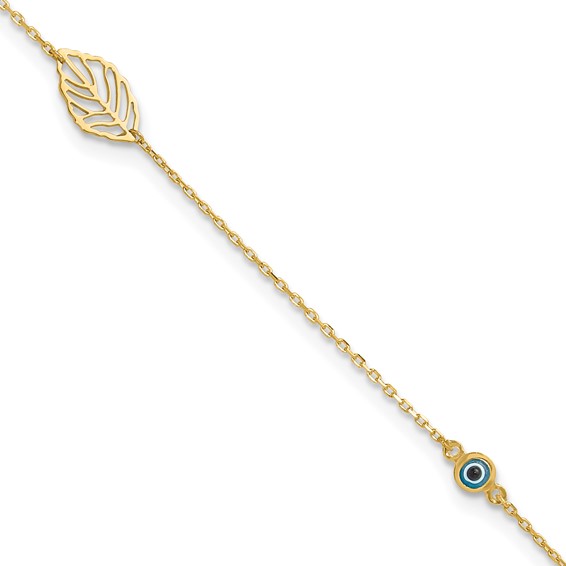 14k Leaf and Glass Eye Bead 9 inch Plus 1 inch Extender - Total 10 inch Anklet