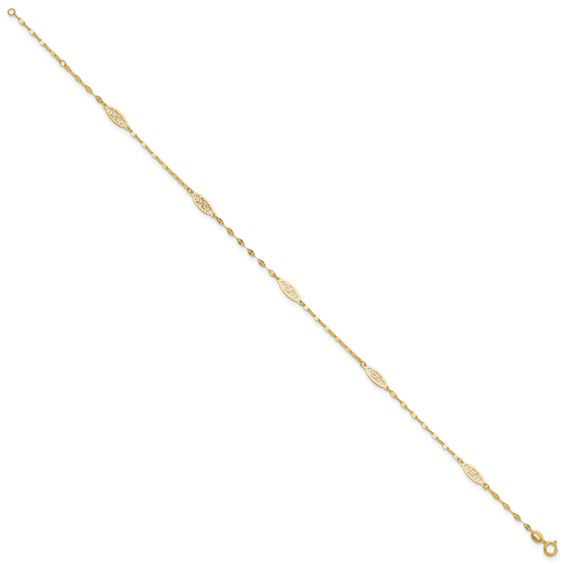 14K Fancy Filigree Link 5-Station 9 inch Plus 1 inch Extender - Total 10 inch Anklet