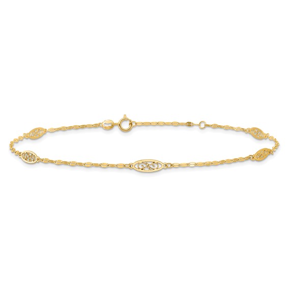 14K Fancy Filigree Link 5-Station 9 inch Plus 1 inch Extender - Total 10 inch Anklet