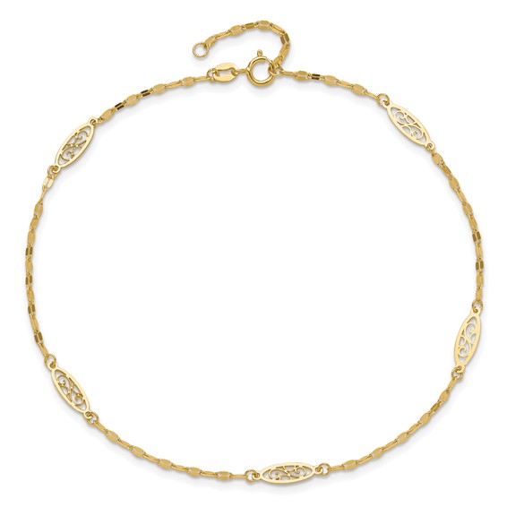 14K Fancy Filigree Link 5-Station 9 inch Plus 1 inch Extender - Total 10 inch Anklet