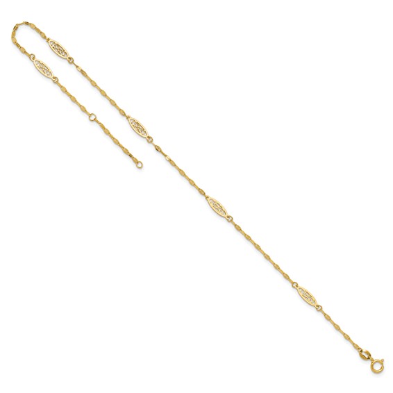 14K Fancy Filigree Link 5-Station 9 inch Plus 1 inch Extender - Total 10 inch Anklet