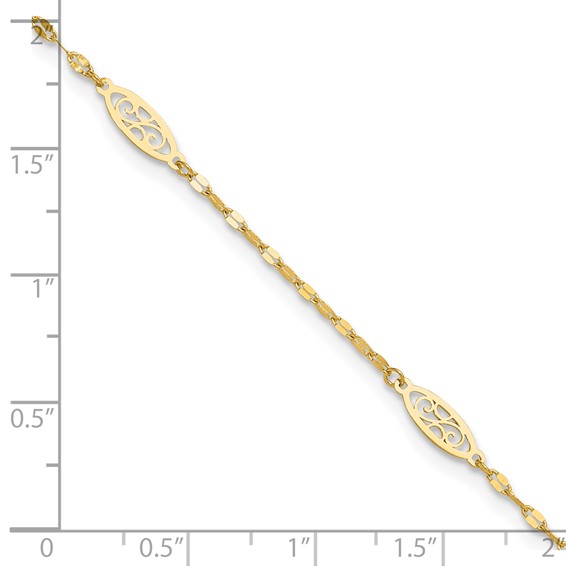 14K Fancy Filigree Link 5-Station 9 inch Plus 1 inch Extender - Total 10 inch Anklet