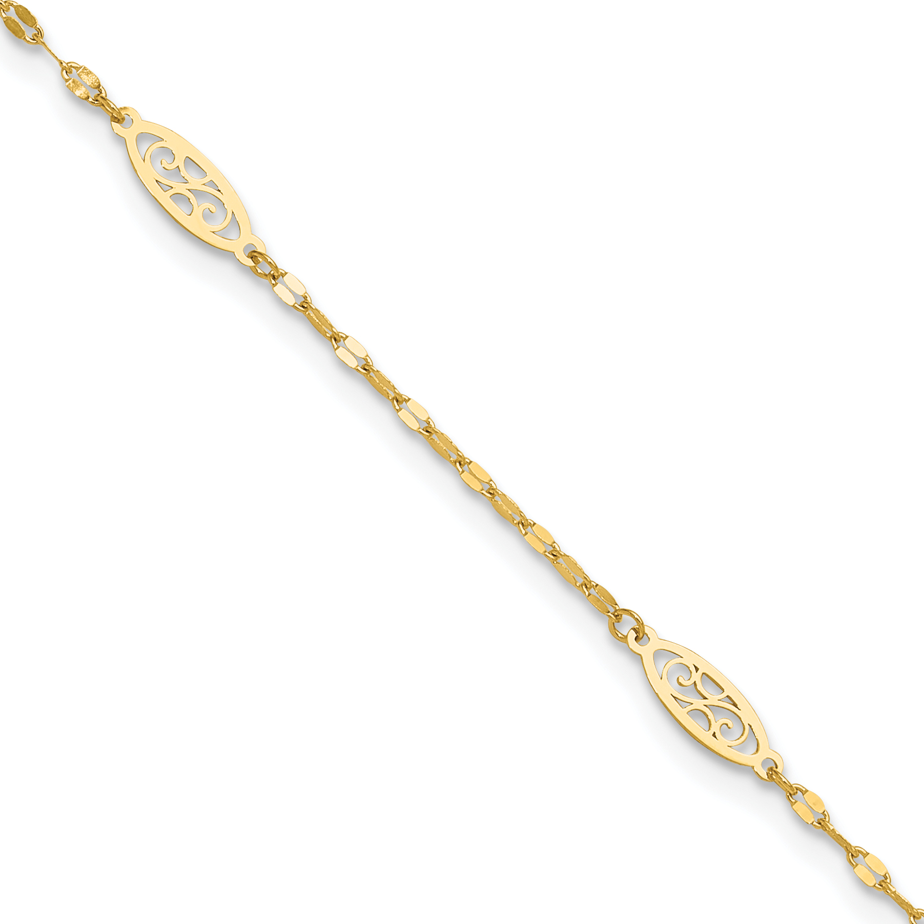 14K Polished Fancy Filigree Link 5-Station 9 inch Anklet Plus 1 inch Extender (ANK327-9)