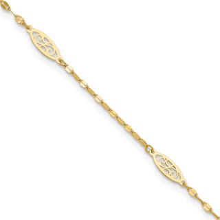 14K Fancy Filigree Link 5-Station 9 inch Plus 1 inch Extender - Total 10 inch Anklet