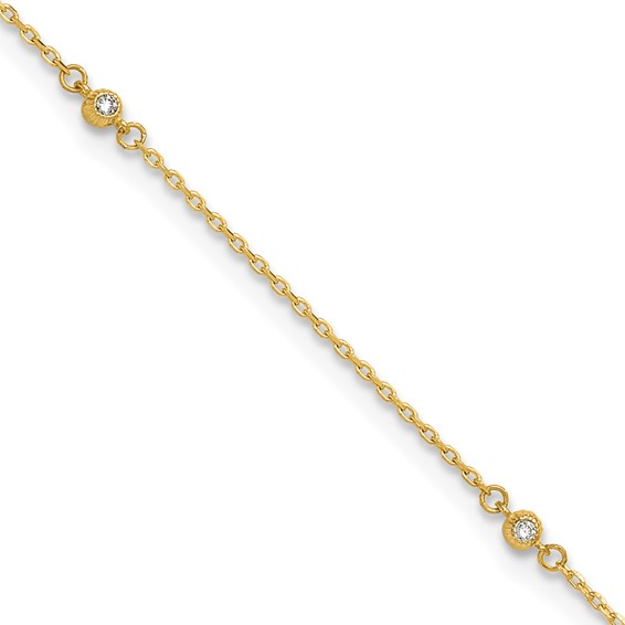 14K Bezel-set CZ 5-Station 9 inch Plus 1 inch Extender - Total 10 inch Anklet