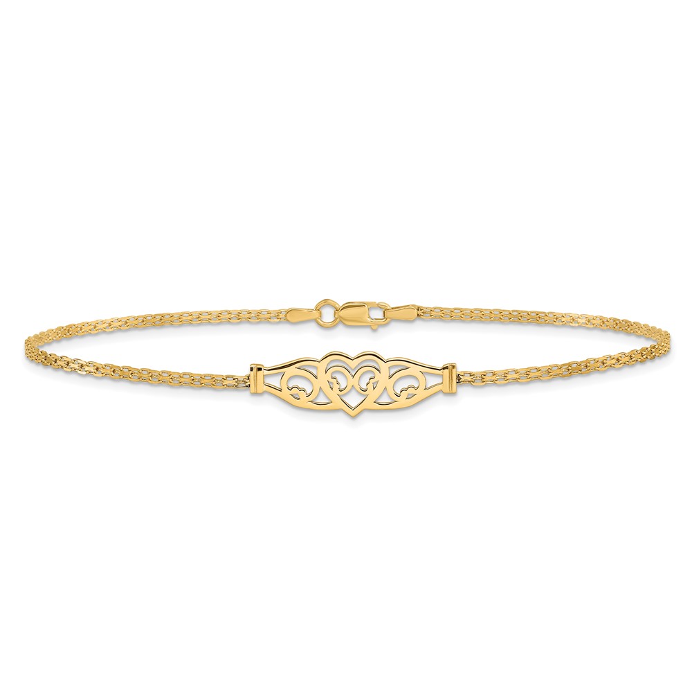 14k Polished Filigree Heart and Bismark Chain 10 inch Anklet (ANK33-10)