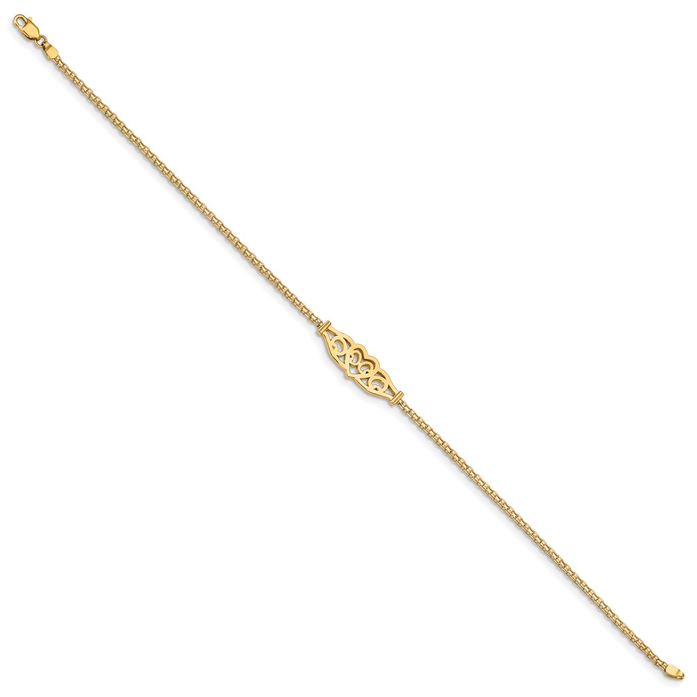 14k Polished Filigree Heart and Bismark Chain 10 inch Anklet (ANK33-10)
