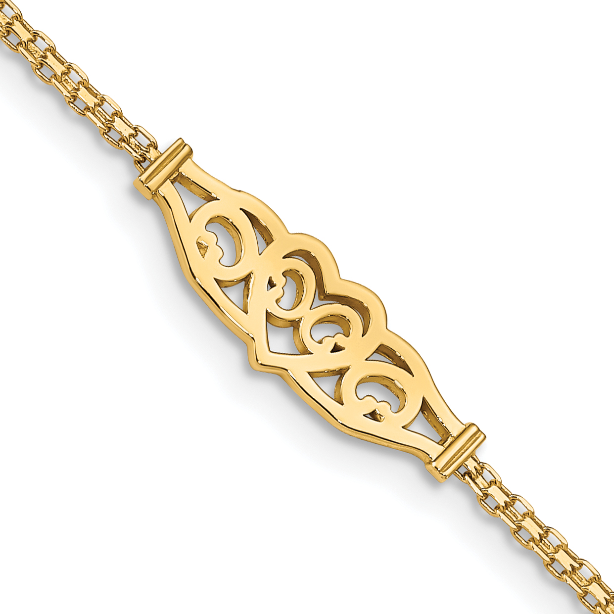 14k Polished Filigree Heart and Bismark Chain 9 inch Anklet (ANK33-9)