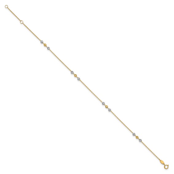 14K Two-tone Diamond-cut Beaded 4-Station 9 inch Plus 1 inch Extender - Total 10 inch Anklet