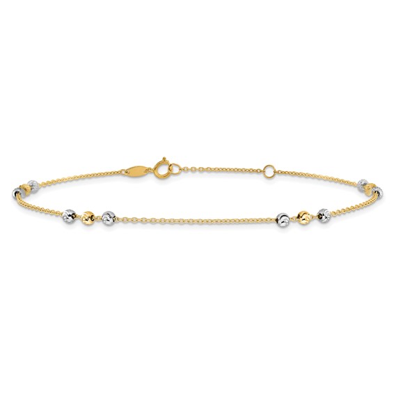 14K Two-tone Diamond-cut Beaded 4-Station 9 inch Plus 1 inch Extender - Total 10 inch Anklet
