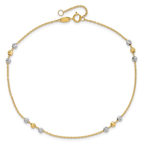 14K Two-tone Diamond-cut Beaded 4-Station 9 inch Plus 1 inch Extender - Total 10 inch Anklet