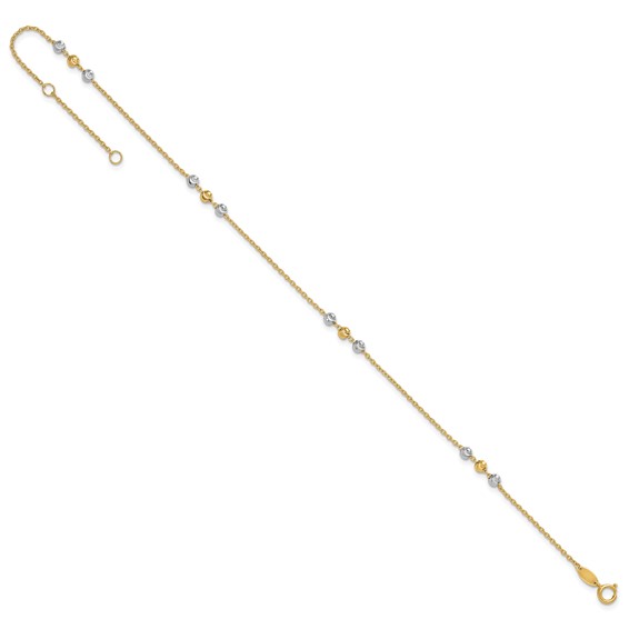 14K Two-tone Diamond-cut Beaded 4-Station 9 inch Plus 1 inch Extender - Total 10 inch Anklet