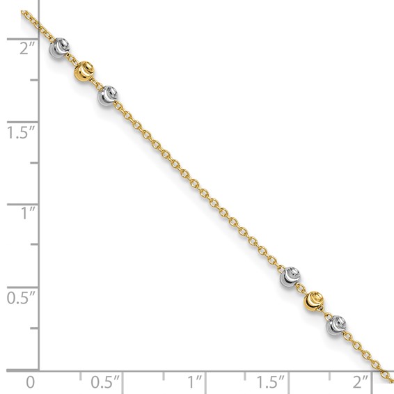 14K Two-tone Diamond-cut Beaded 4-Station 9 inch Plus 1 inch Extender - Total 10 inch Anklet